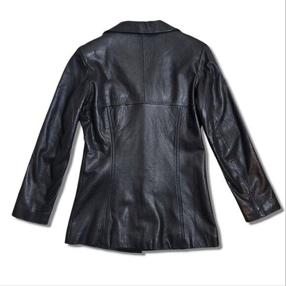 Hathaway Vintage Black Leather Buttery Soft Button-Up Fitted Jacket Coat - Picture 3 of 9